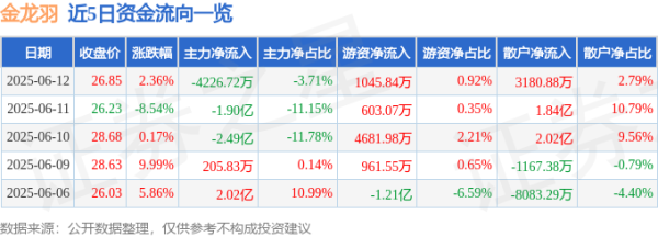 炒股配资排名 股票行情快报：金龙羽（002882）6月12日主力资金净卖出4226.72万元